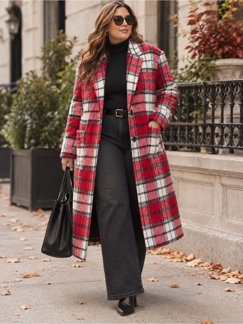 Old Navy Novelty Plaid Wool Blend Long Overcoat Red Black Cream XXL